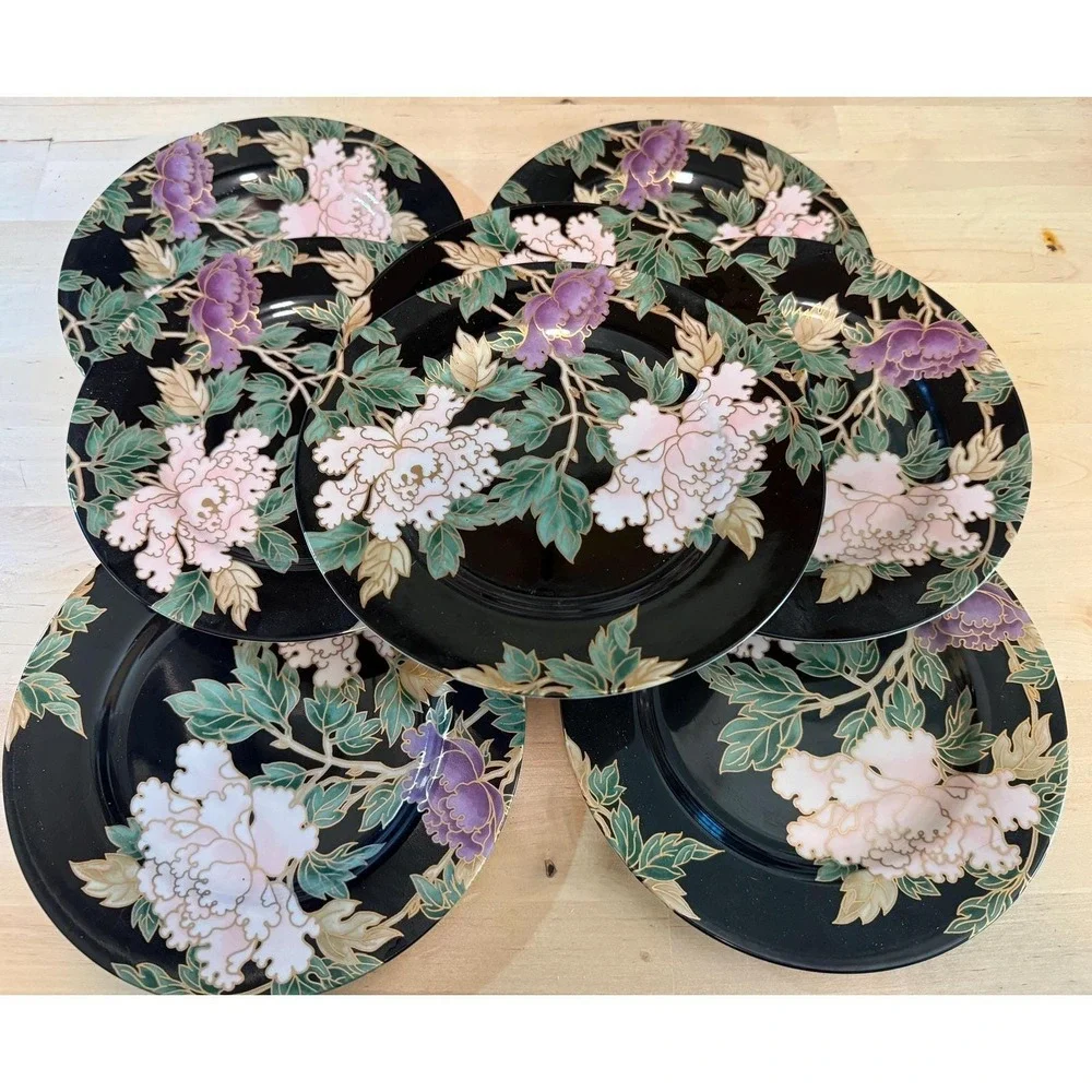 6 AVAILABLE - Fitz & Floyd Cloisonne Peony Salad Plate Black Pink Floral Vintage
